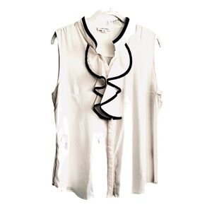Calvin Klein Ruffle Front Blouse Sleeveless Piping Black Off White Size L